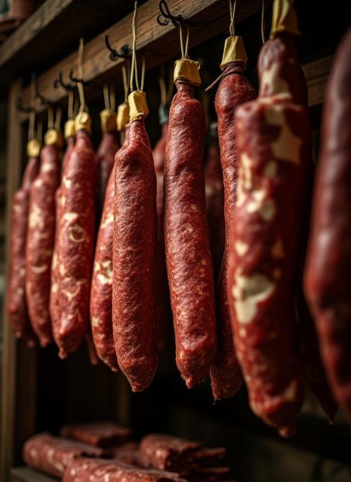 Salumi appesi per la stagionatura all'interno del negozio.